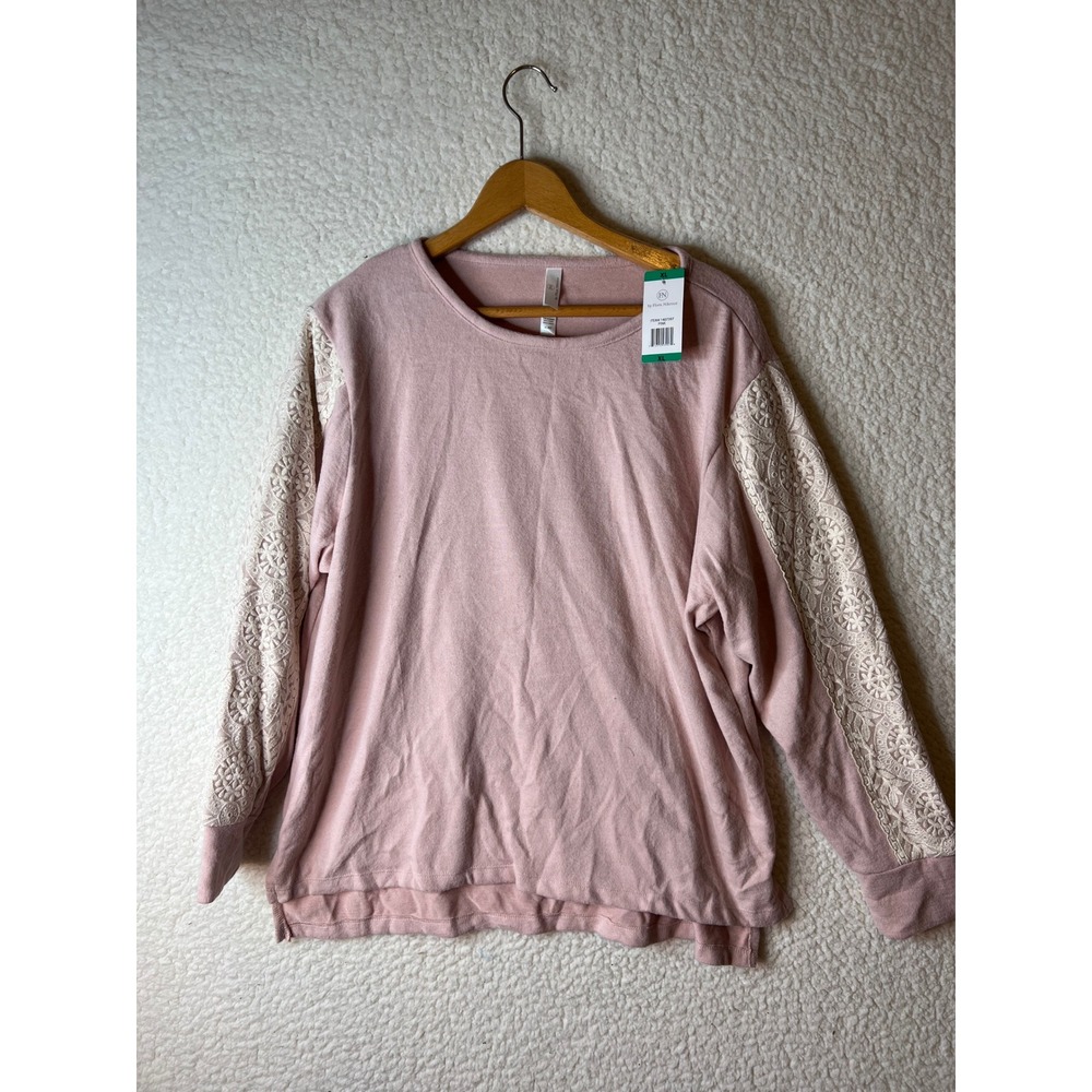 Flora Nikrooz Pink Lace Sleeve Knit Top Long Sleeve Crew Neck XL NEW